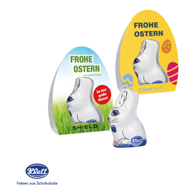 Oster-Werbeartikel Klett Osterhase – bunt – mit Logo bedruckt 12,5 g als süßes Oster-Werbegeschenk für Kunden und Partner im Business-Bereich