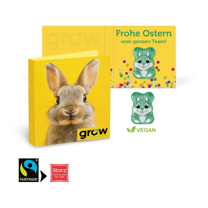 Oster-Giveaway Osterhase Vegan – bunt – mit individueller Banderole als süßes Oster-Werbegeschenk für Kunden und Partner ideal zur Osterzeit