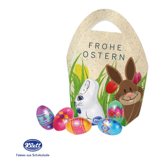 Oster-Werbeartikel Premium Osterei mit Schokoladenmischung – bunt – mit bedrucktem Etikett 100 g als süßes Oster-Werbegeschenk für Kunden