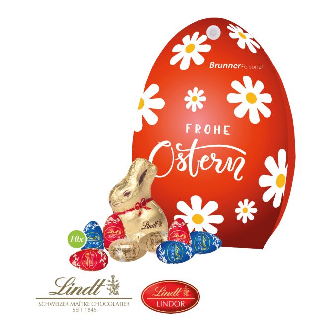 Oster-Werbeartikel Lindt Werbe-Osterei – bunt – mit bedrucktem Etikett ca. 50g als süßes Oster-Werbegeschenk für Kunden und Geschäftspartner