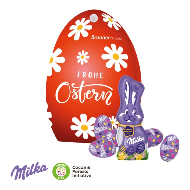 Oster-Werbeartikel Milka Osterei mit Schokoladenmischung – bunt – mit bedrucktem Etikett ca. 50g als süßes Oster-Werbegeschenk für Kunden