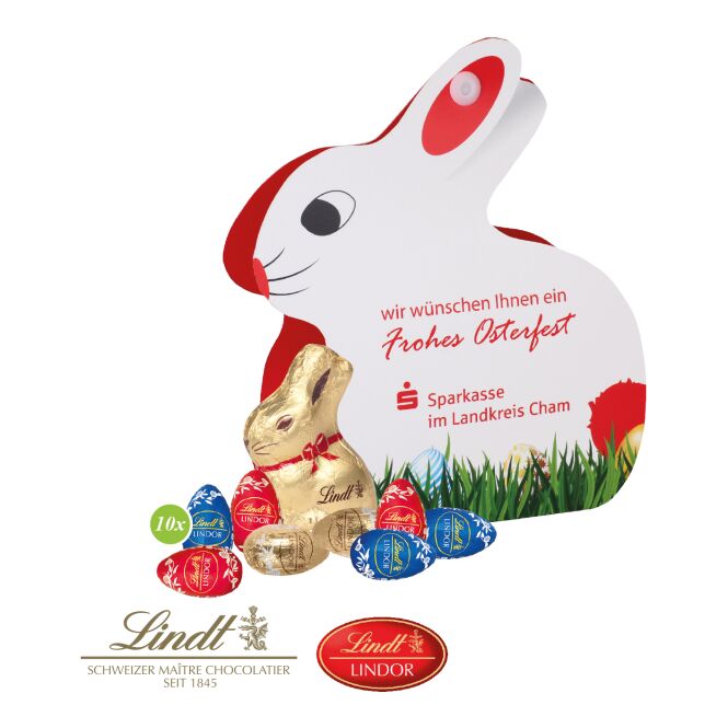 Oster-Werbeartikel Lindt Werbe-Hase – bunt – mit individueller Banderole 1 Stück als süßes Oster-Werbegeschenk für Kunden und Partner