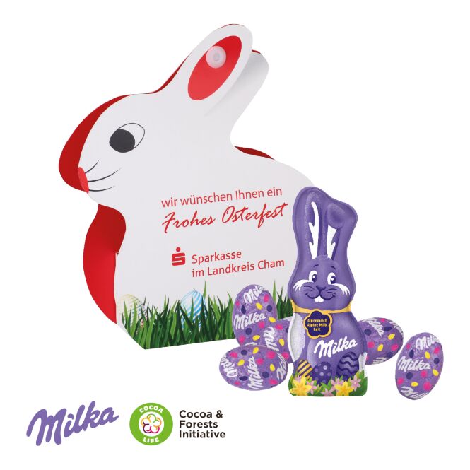 Oster-Werbeartikel Milka Werbe-Hase – ostern – mit individuellem Etikett 50g als süßes Oster-Werbegeschenk für Kunden und Geschäftspartner