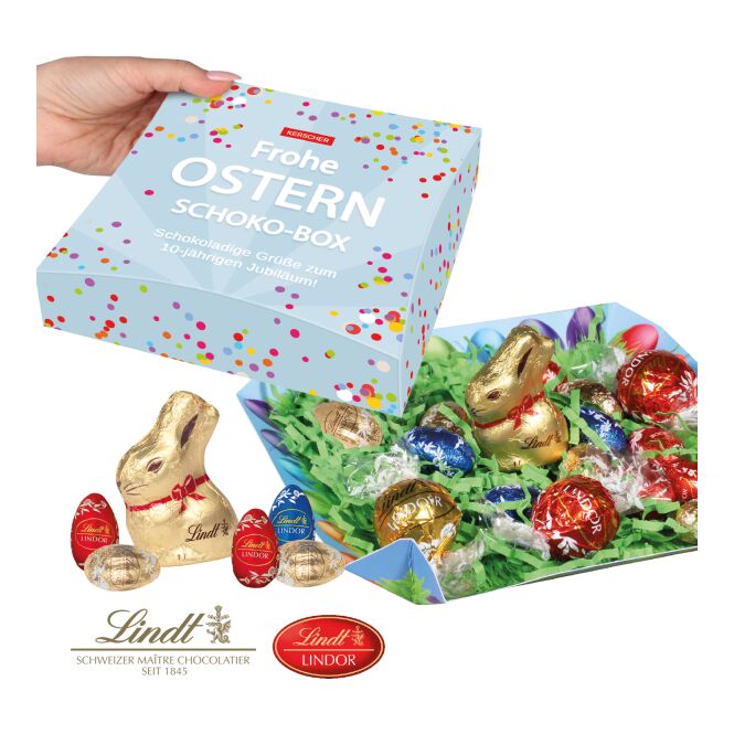 Oster-Werbeartikel Lindt Ostermischung – bunt – mit individuellem Etikett – 100 g als süßes Oster-Werbegeschenk für Kunden und Partner