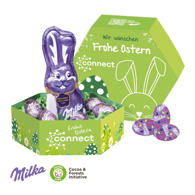 Oster-Werbeartikel Milka Großes Osternest – ostern – mit individuellem Etikett – als süßes Oster-Werbegeschenk für Kunden und Partner