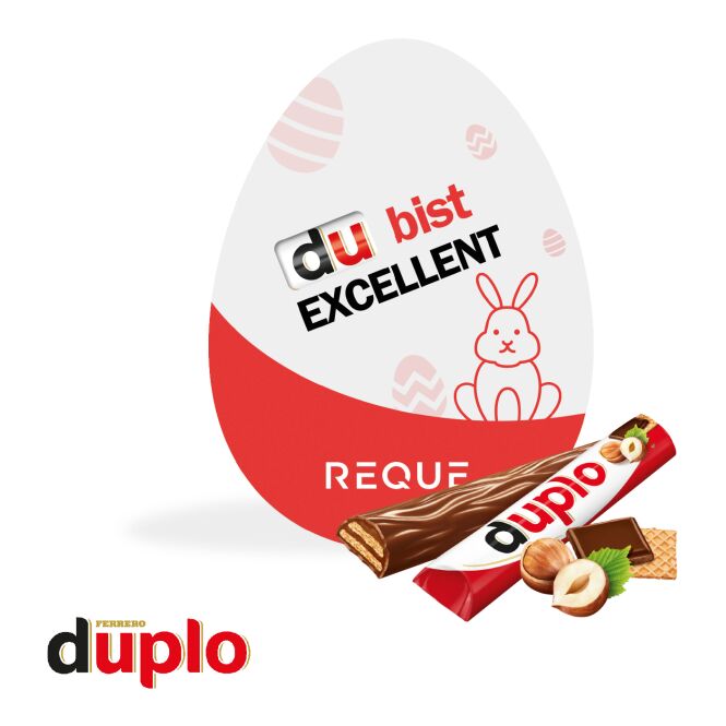 Oster-Werbeartikel duplo Werbekarte Osterei – bunt – mit individueller Banderole 18g als süßes Oster-Werbegeschenk für Kunden und Partner