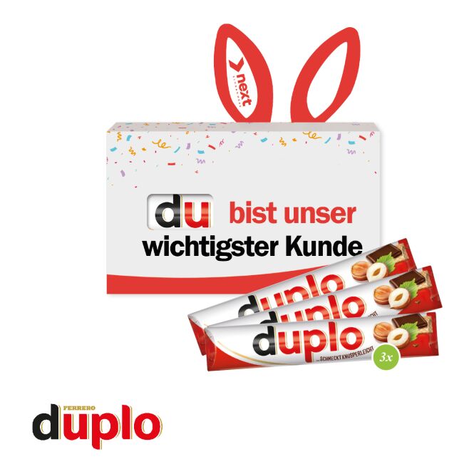 Oster-Werbeartikel Duplo 3er – osterhase – mit individuellem Etikett 54g als süßes Oster-Werbegeschenk für Kunden, Mitarbeiter und Geschäftspartner