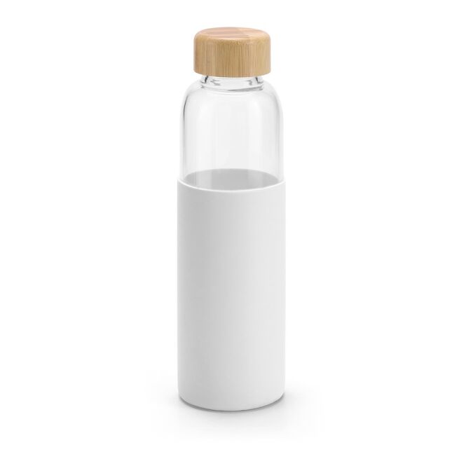 Premium-Werbegeschenk DAKAR Trinkflasche mit Logodruck – Weiß – 600 ml Borosilikatglas mit Bambusdeckel für Firmen und Büros
