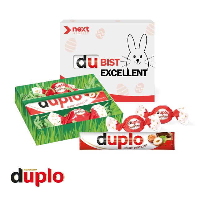 Oster-Werbeartikel duplo Osternest – bunt – mit individuellem Etikett 1 duplo Riegel und 2 Knusperlen als süßes Oster-Werbegeschenk für Kunden