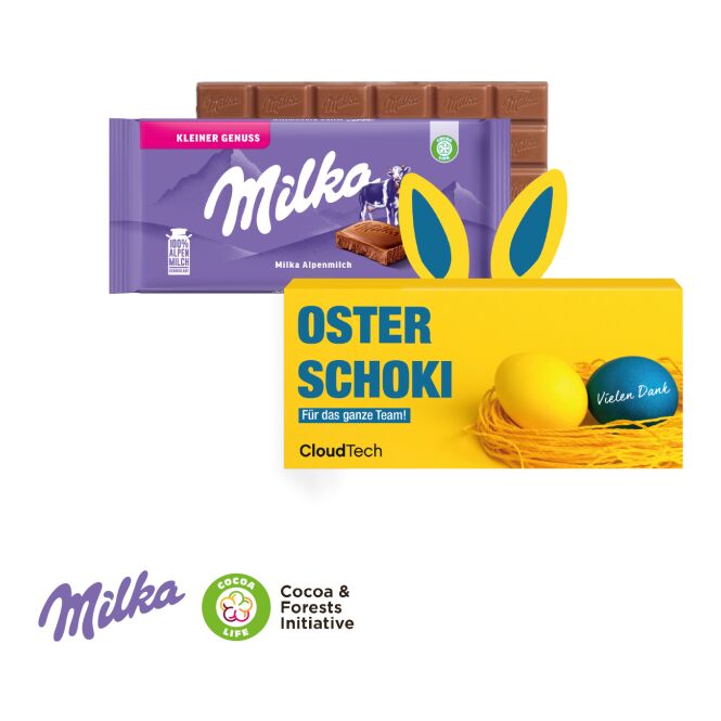 Oster-Werbeartikel Milka Schokoladentafel mit Hasenohren – ostern – mit individuell bedruckter Kartonage als süßes Oster-Werbegeschenk für Kunden