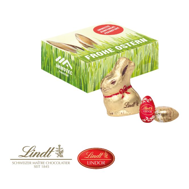 Firmengeschenk Oster-Präsentbox mit Lindt Schokolade mit Logodruck – Bunt – süßes Kundenpräsent für das Büro
