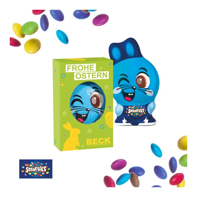 Oster-Werbeartikel Smarties® Osterhase – bunt – mit individueller Banderole 85 g als süßes Oster-Werbegeschenk für Kunden und Partner