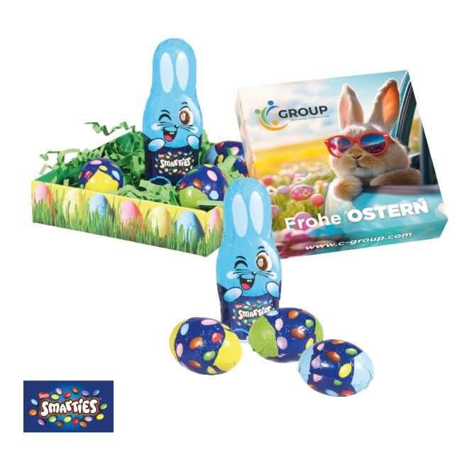 Oster-Werbeartikel Smarties Osternest mit Schokolade – bunt – mit Logo bedruckt 3er Ostereier als süßes Oster-Werbegeschenk für Kunden