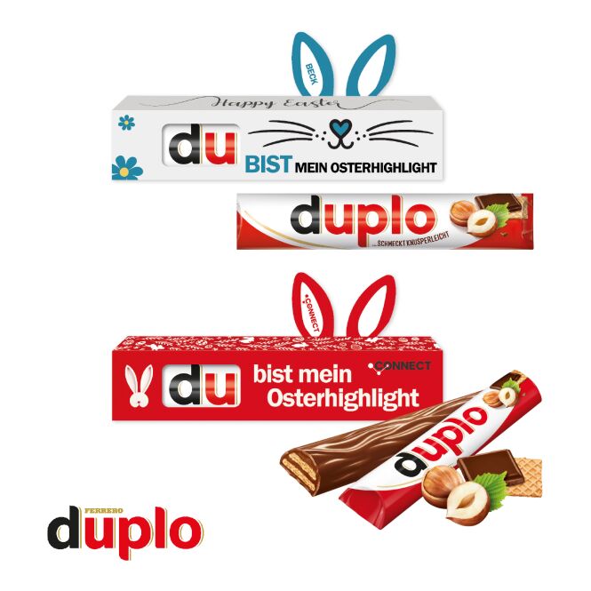 Oster-Werbeartikel Duplo 1er Osterhase – bunt – inkl. Werbeaufdruck 18,2g als süßes Oster-Werbegeschenk für Kunden und Partner