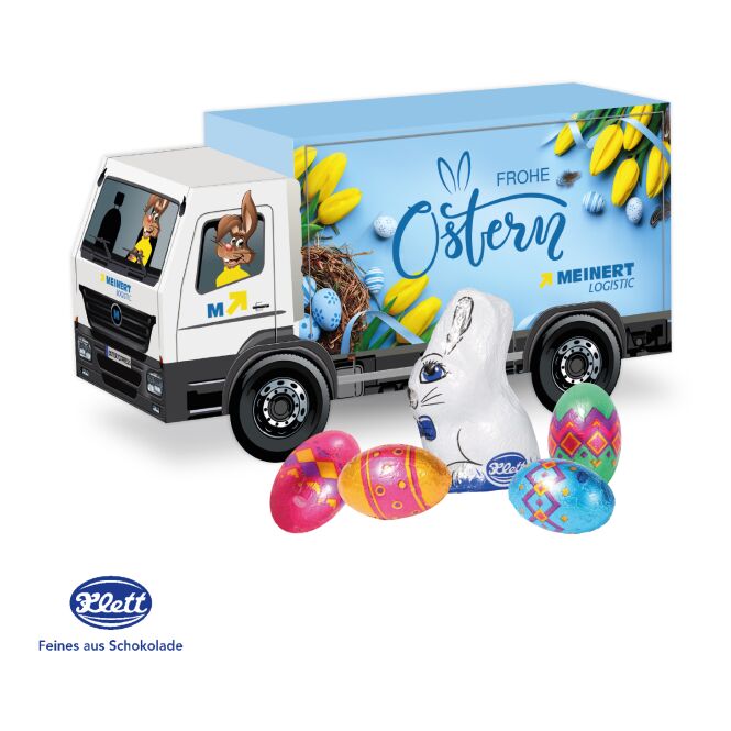 Oster-Werbeartikel 3D Präsent LKW – ostern – mit Logo bedruckt und Schokoladenfüllung als süßes Oster-Werbegeschenk für Kunden und Partner