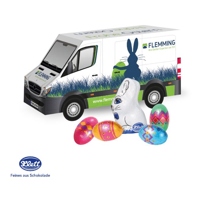 Kundenpräsent 3D Transporter mit Lindt Schokolade mit Logodruck – Bunt – Süßes Osterpräsent für Unternehmen