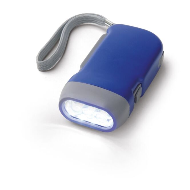 Werbeartikel Dynamo Taschenlampe EDDIE. mit 3-LEDs mit Logodruck – Blau – 100x50x25 mm funktionales Lichtinstrument für Messen und Büro
