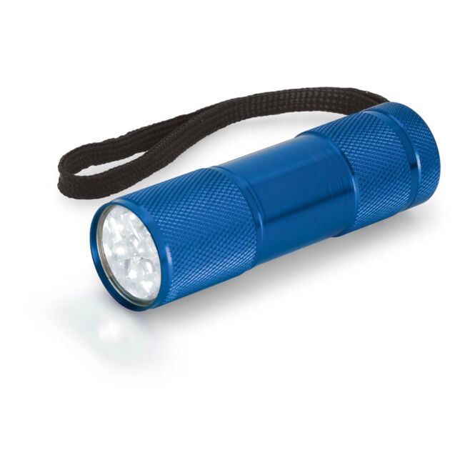 Werbeartikel Taschenlampe Flashy mit Logodruck – 9 LEDs aus Aluminium – Königsblau – kompaktes Leuchtmittel für Firmen und Events