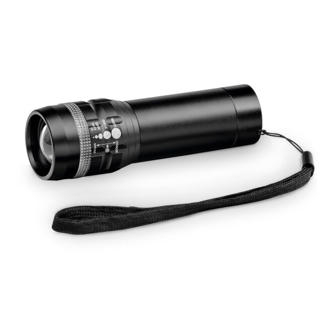 Werbeartikel Taschenlampe ZOOMIN – schwarz – mit Lasergravur 1W 60 Lumen LED 3 Modi inkl Batterien kompakter Lichtspender