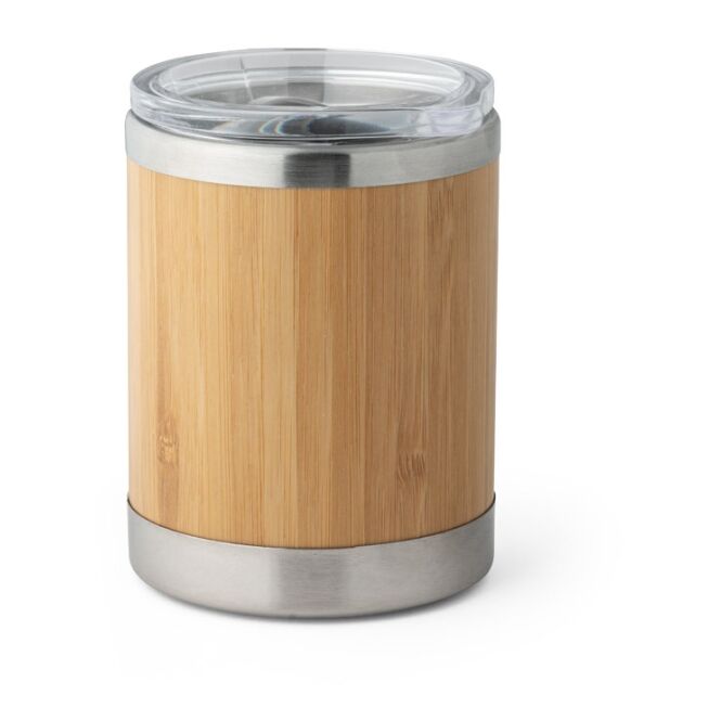 Firmengeschenk Lycka Becher aus Bambus und Edelstahl mit Logodruck – Natur – doppelwandig isolierter Thermobecher für Büro und Catering