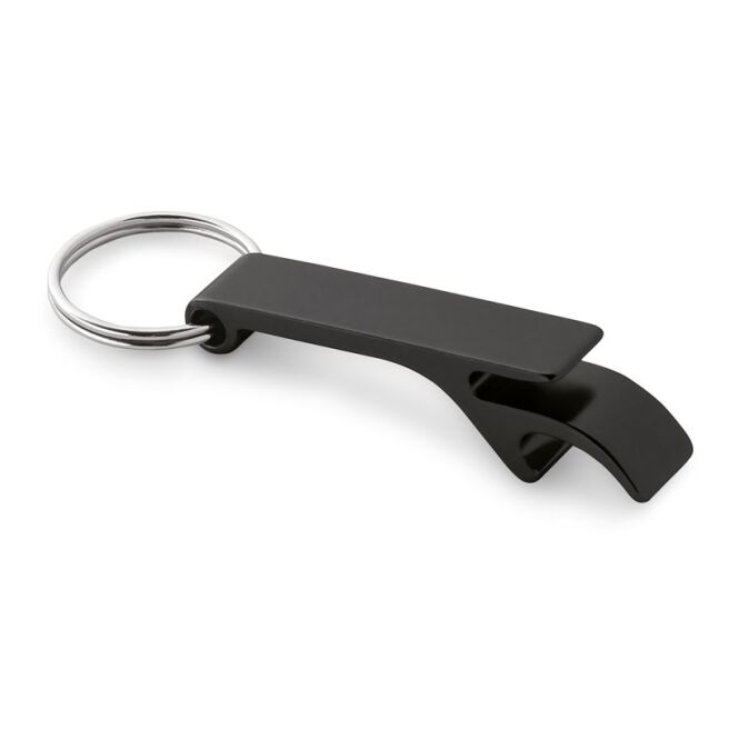 Premium-Werbeartikel Schlüsselanhänger RE-BAITT – schwarz – mit Gravur und Flaschenöffner aus recyceltem Aluminium 79x25x19mm für Firmen