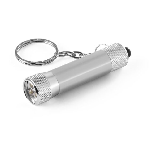 Premium-Werbeartikel RE-LERGAN Multifunktions-Schlüsselanhänger – satinsilber – mit Logo bedruckt aus recyceltem Aluminium mit 3-Licht-LED