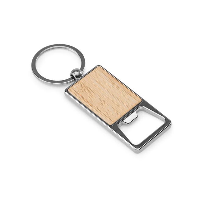 Werbeartikel Schlüsselanhänger Sylvester mit Flaschenöffner und Gravur – Natur – Metall-Accessoire für Firmenkunden
