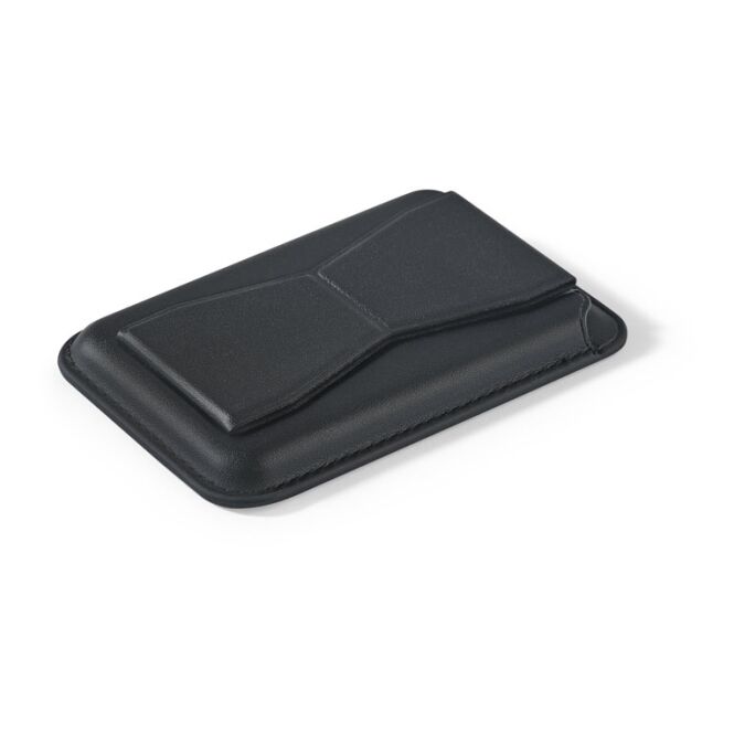 Werbeartikel Kartenhalter CONNOR – schwarz – mit Logo bedruckt, RFID-Schutz, 65x95x8mm, magnetisch für Smartphone, inkl. Ständerfunktion