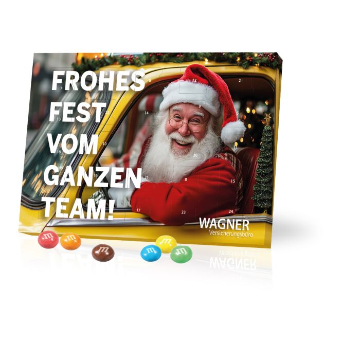 Mitarbeiter-Weihnachtsgeschenk Tisch-Adventskalender mit M&M Knusperkugeln mit Logodruck – Bunt – süßer Schokoladen-Gruß für den Schreibtisch