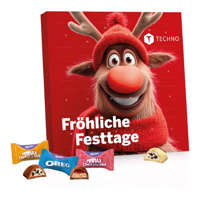Firmengeschenk Milka Favourites Tisch-Adventskalender – bunt – mit bedrucktem Etikett 220 g als Weihnachtsgeschenk für Kunden und Partner