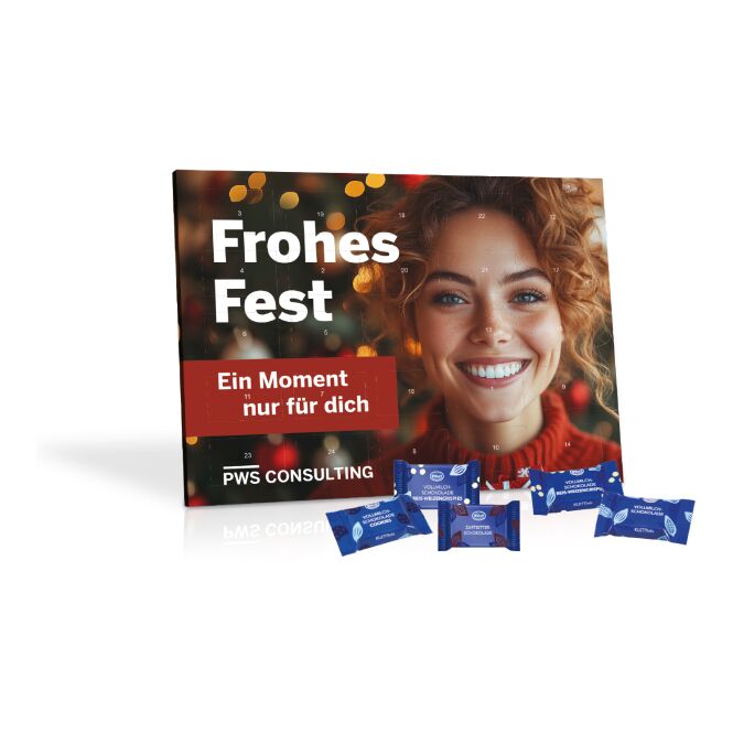 Firmengeschenk Klett Tisch-Adventskalender – weihnachtlich – mit bedrucktem Etikett 96 g als Weihnachtsgeschenk für Kunden und Partner