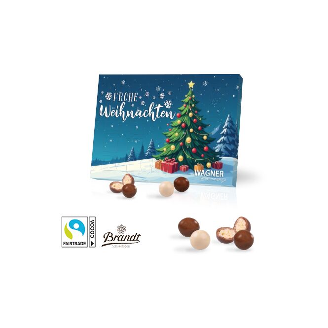 Firmengeschenk Tisch-Adventskalender mit Brandt Knusperkugeln – bunt – mit individueller Banderole als Weihnachtsgeschenk für Mitarbeiter