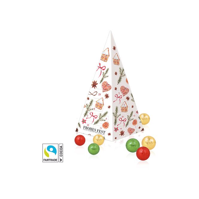 Firmengeschenk Adventskalender Weihnachtspyramide – weihnachtlich – mit bedrucktem Etikett Inhalt 24 Türchen als Weihnachtsgeschenk für Kunden