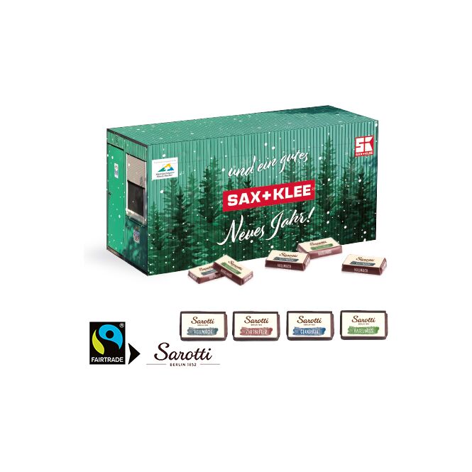 Mitarbeiter-Weihnachtsgeschenk 3D Adventskalender Container mit Logodruck – Bunt – exklusive Schokolade für die Logistikbranche