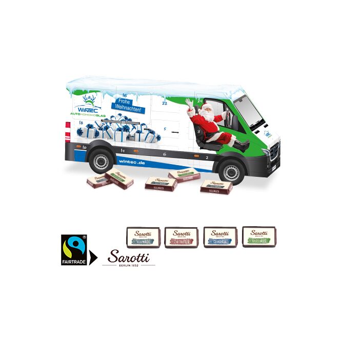 Mitarbeiter-Weihnachtsgeschenk 3D Adventskalender Transporter mit Logo bedruckt – Bunt – Schokoladenpräsent für Logistik und Firmen