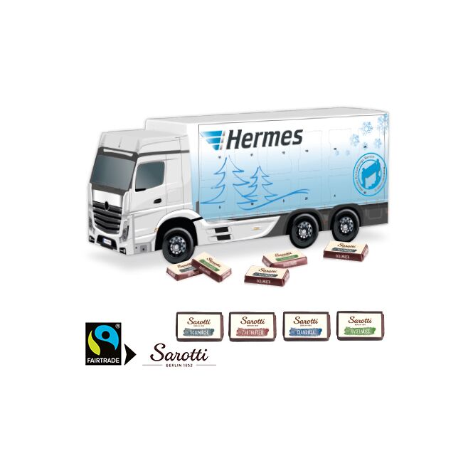 Mitarbeiter-Weihnachtsgeschenk 3D Adventskalender LKW mit Logodruck – Bunt – Schokoladen-Präsent für die Logistikbranche