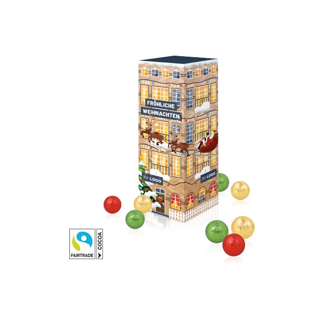 Firmengeschenk Adventskalender Turm – bunt – mit bedrucktem Etikett FSC-zertifizierter Karton als Weihnachtsgeschenk für Kunden und Partner