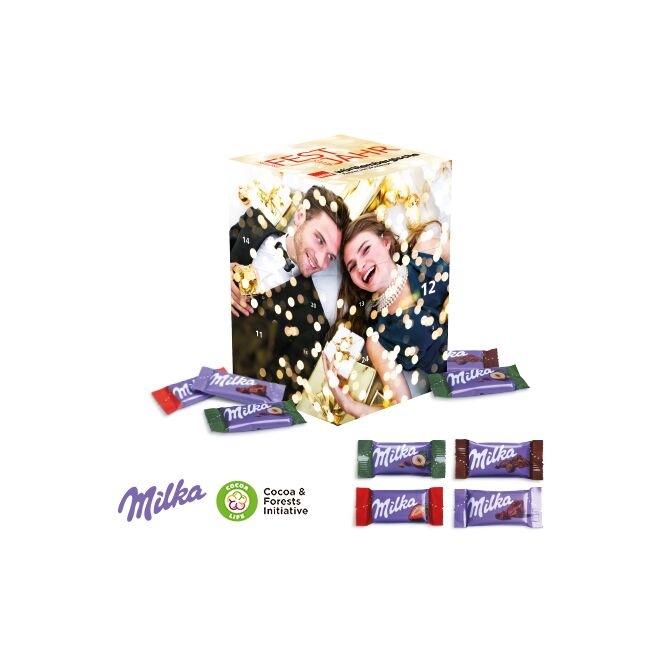 Firmengeschenk Milka Adventskalender Cube XL – vorweihnachtlich – mit bedrucktem Etikett und Logo als Weihnachtsgeschenk für Kunden und Partner