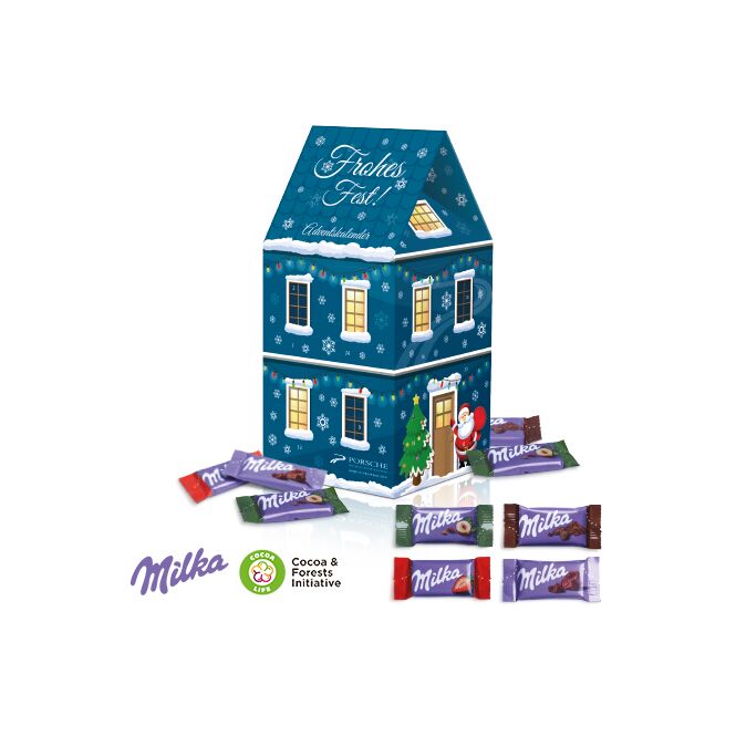 Firmengeschenk Milka Adventskalender Haus XL – weihnachtszeit – mit individuellem Etikett 1 Stück als Weihnachtsgeschenk für Kunden und Partner