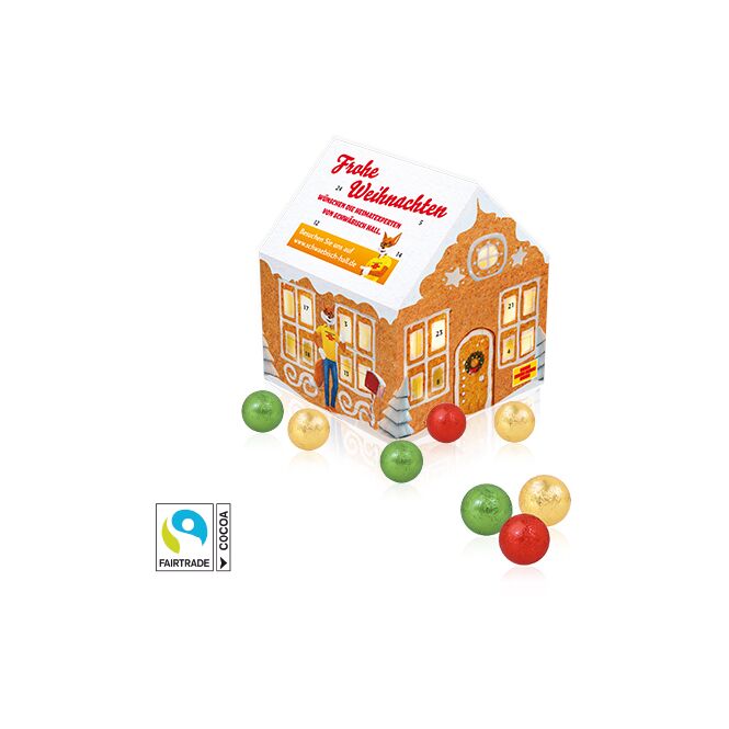 Firmengeschenk Adventskalender Weihnachtshaus Classic – weihnachten – mit bedrucktem Etikett als Weihnachtsgeschenk für Kunden und Partner