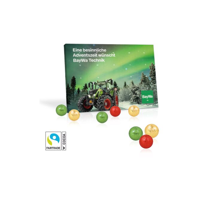 Firmengeschenk Tisch-Adventskalender mit Fairtrade Schokolade – bunt – mit individueller Banderole als Weihnachtsgeschenk für Mitarbeiter