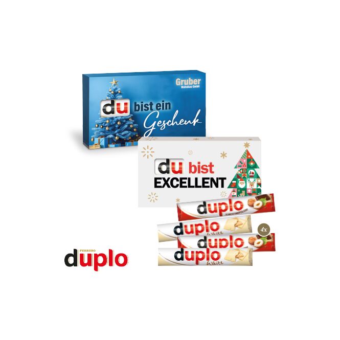 Firmengeschenk Duplo 4er Adventsüberraschung – weihnachtlich – inkl. Werbeaufdruck 4er Set als Weihnachtsgeschenk für Kunden und Partner