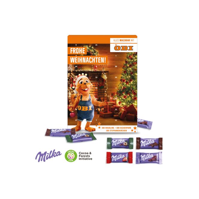 Firmengeschenk Milka Wand-Adventskalender – weihnachten – mit bedrucktem Etikett ca. 200g als Weihnachtsgeschenk für Kunden und Partner