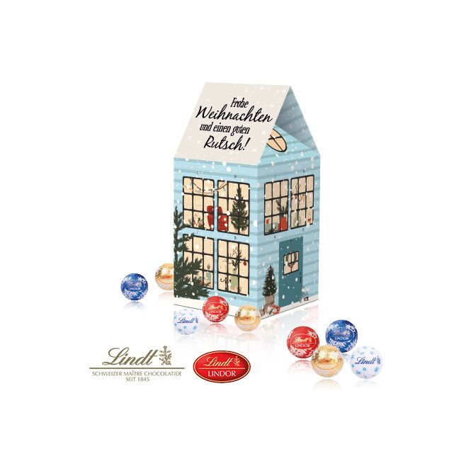 Kundenpräsent Adventskalender Haus XL mit Lindt Schokolade mit Logodruck – Bunt – Werbeartikel für die Weihnachtszeit