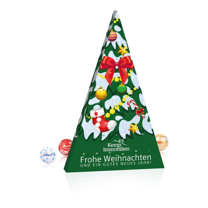 Mitarbeiter-Weihnachtsgeschenk Lindt Adventskalender Weihnachtsbaum mit Logodruck – Bunt – Süße Überraschung für Kunden und Büro