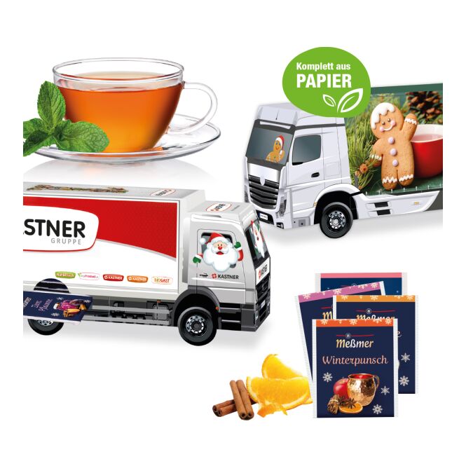 Firmengeschenk Meßmer Adventskalender Tee-LKW – bunt – mit bedrucktem Etikett 24 Genussmomente als Weihnachtsgeschenk für Kunden und Partner