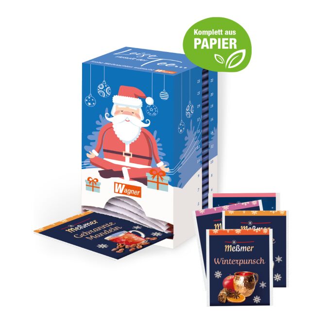 Firmengeschenk Meßmer Tee-Turm – adventskalender mit individuell bedrucktem etikett 24 teebeutel als weihnachtsgeschenk für mitarbeiter