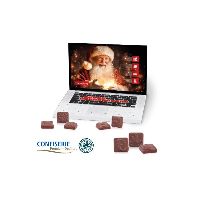 Firmengeschenk Adventskalender Laptop Classic Exklusiv – vollmilchschokolade – mit individuellem Etikett 24 Stück als Weihnachtsgeschenk für Kunden