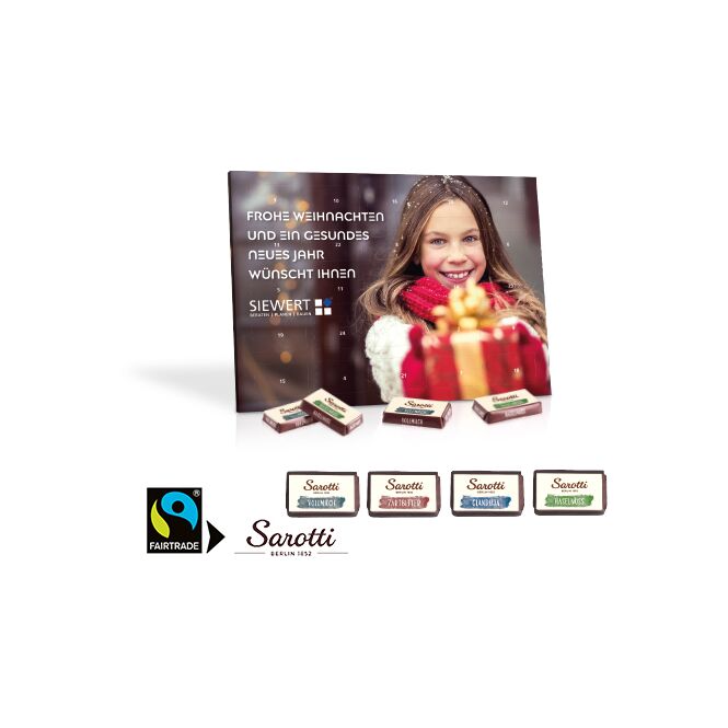 Firmengeschenk Sarotti Tisch-Adventskalender Business Exklusiv – weihnachts-design – mit individueller Banderole als Weihnachtsgeschenk für