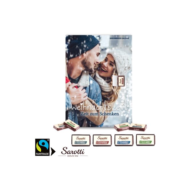 Firmengeschenk Sarotti Wand-Adventskalender Business Exklusiv – bunt – mit bedrucktem Etikett 250g als Weihnachtsgeschenk für Kunden und Partner